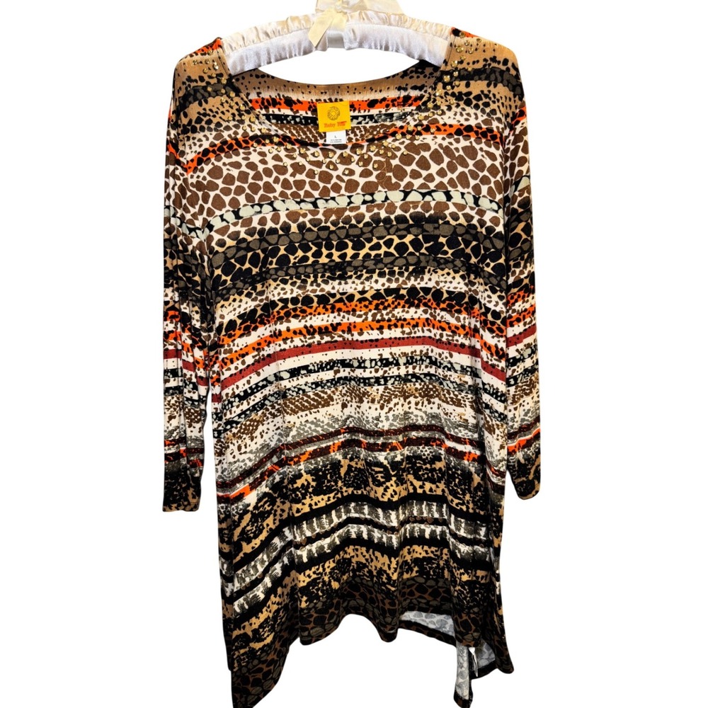 Ruby Rd Womens Mixed Animal Print Studded Scoop Neck Tunic Top Brown Orange L